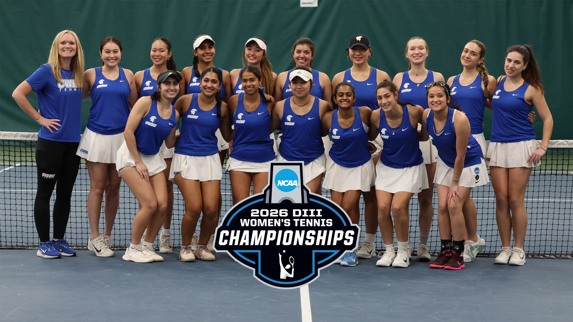 The CWRU Women's Tennis Team with the 2026 NCAA D3 Women's Tennis Championships logo