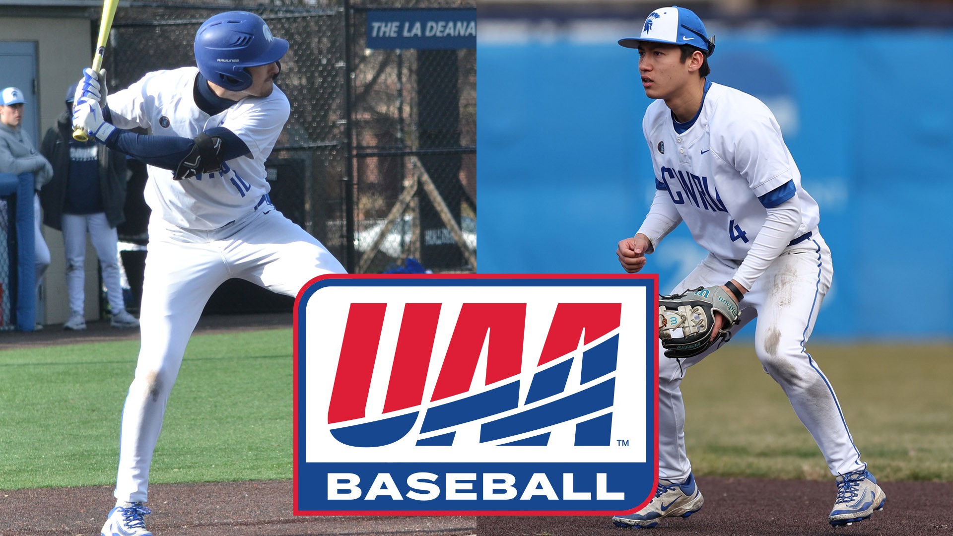 Tyler Stillson (left) and Nate Arterburn (right) with a UAA baseball logo