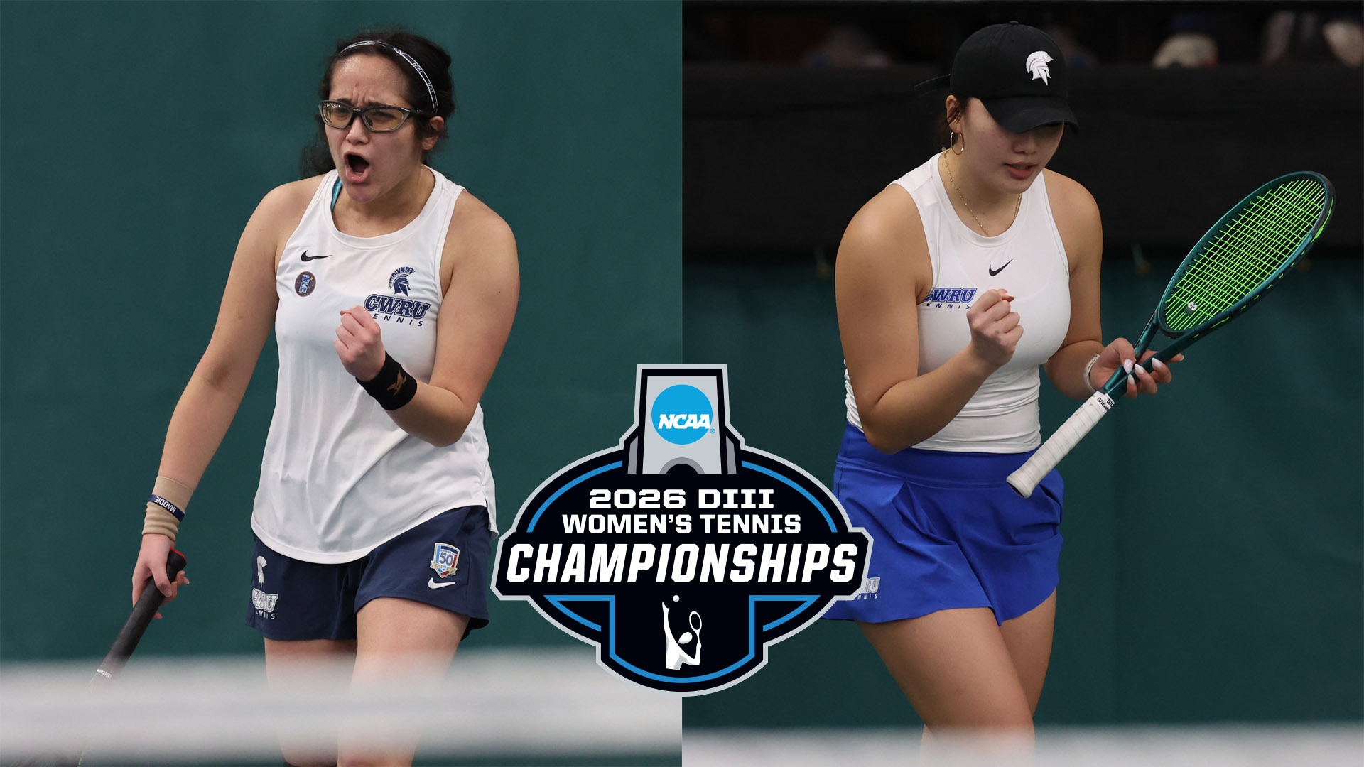 Hannah Kassaie (left) Katalina Wang (right) celebrating after points with the 2026 NCAA D3 Women's Tennis Championships logo in the center