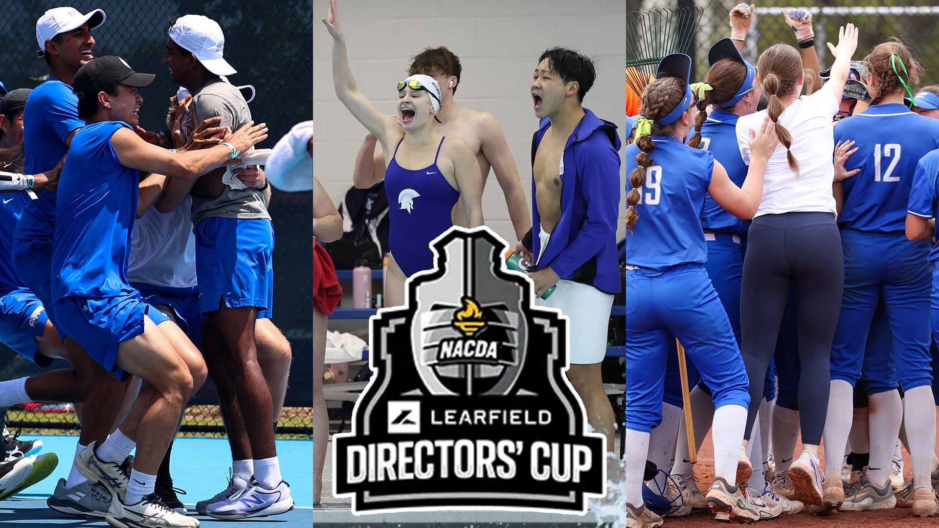 Photos of the men's tennis team (left), swimming & diving team (center), & softball team (right) celebrating; Directors' Cup logo