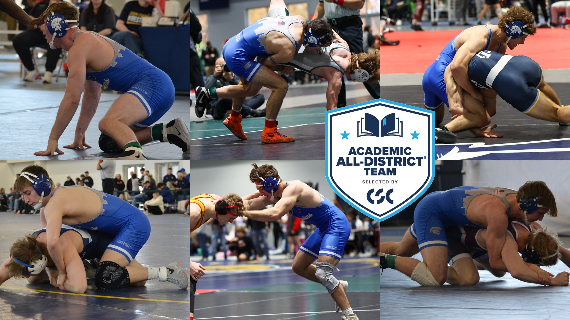 Six Spartan wrestlers with the Academic All-District logo middle right
