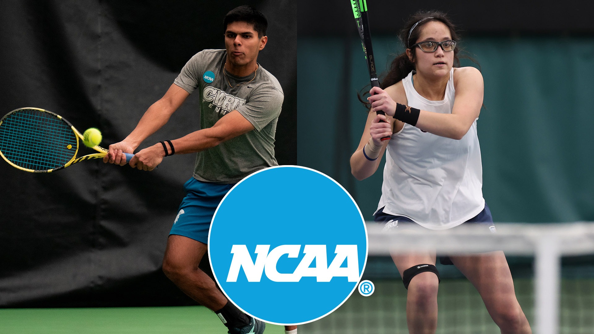 Ansh Shah (left) and Hannah Kassaie (right) with an NCAA logo in the middle
