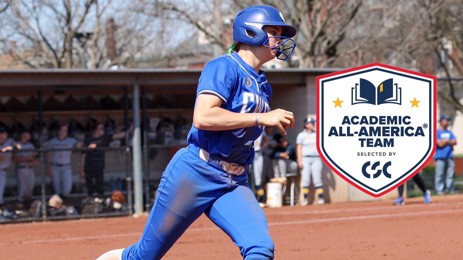 Karen Potts rounding first base against Emory with the CSC Academic All-America logo to her right 