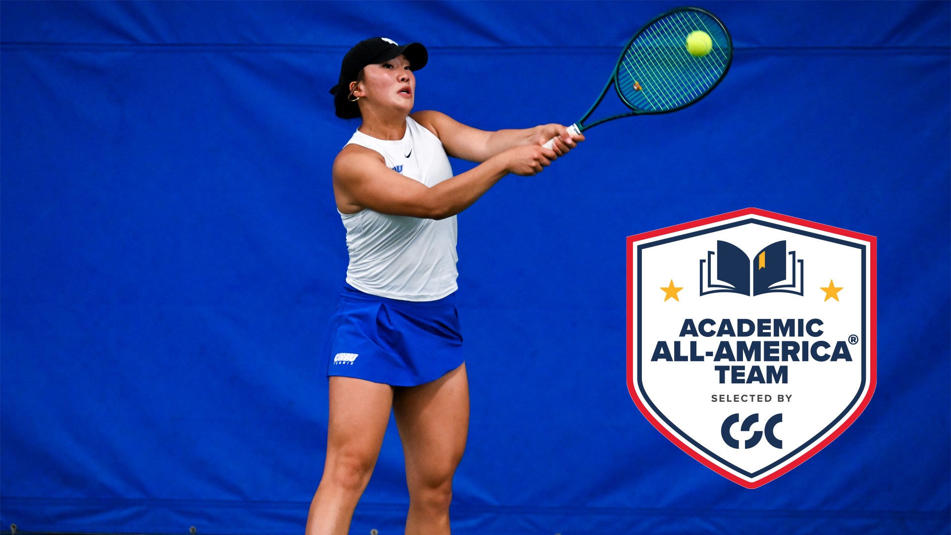 Katalina Wang hitting a backhanded shot at the NCAA Championship with the CSC Academic All-America logo in the bottom right corner