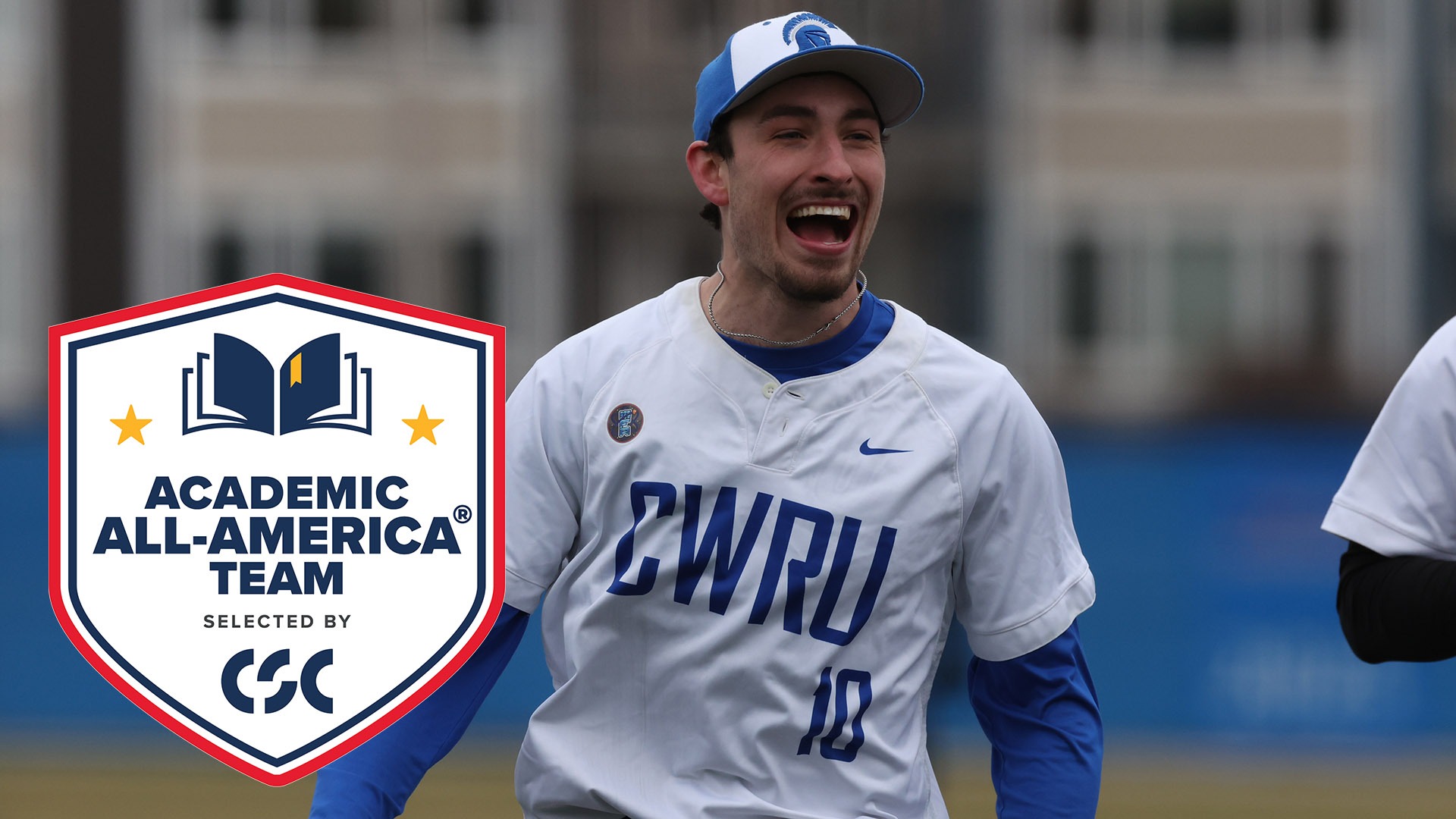 Tyler Stillson celebrating with a Academic All-America logo in the bottom left corner