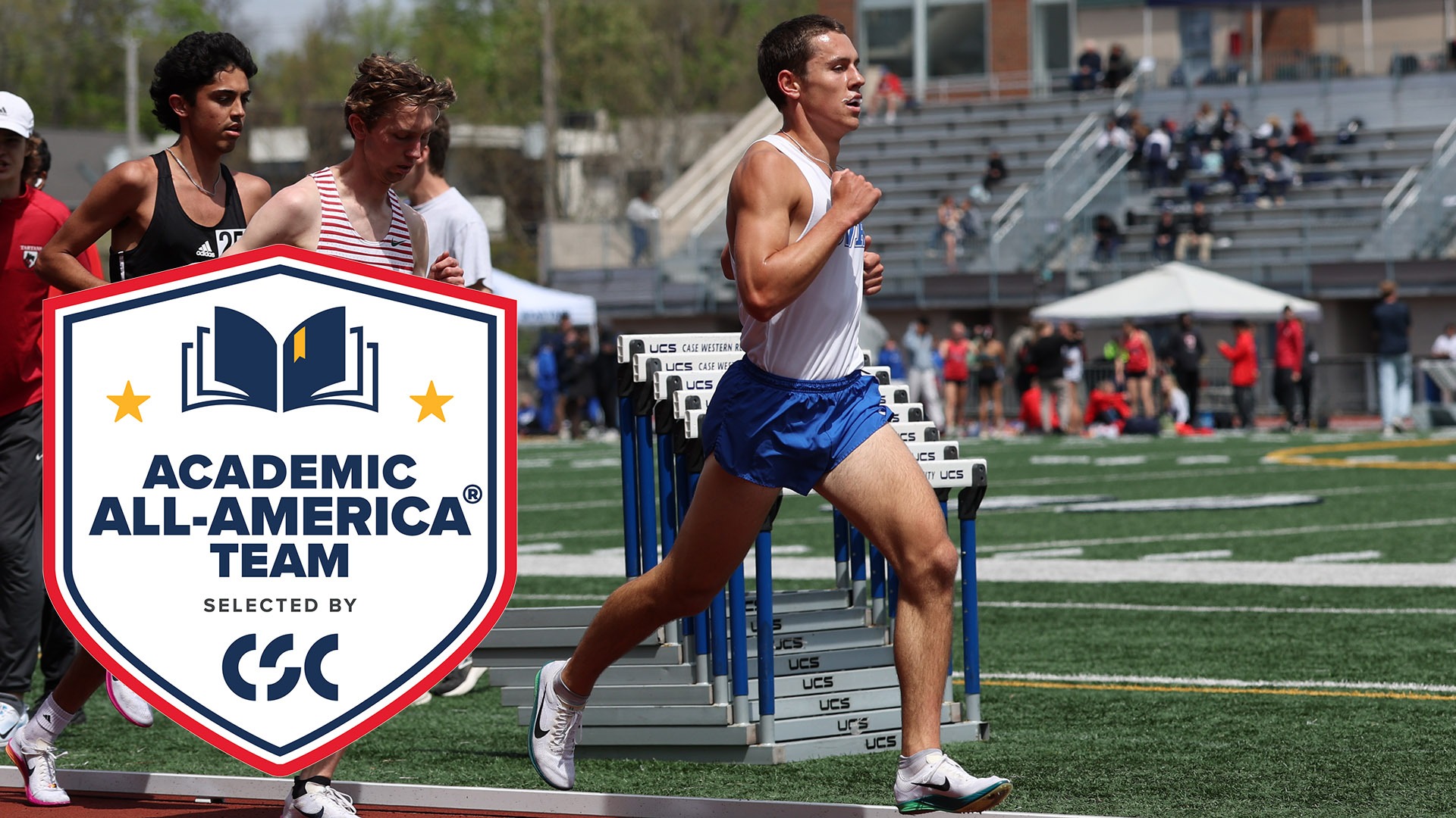 Jacob Slater running at the UAA Championship; Academic All-America logo