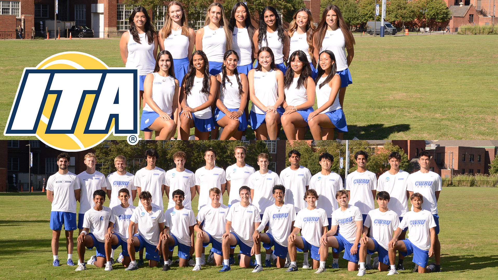 Team photos of the CWRU women's tennis (top) and men's tennis (bottom) teams; An ITA logo