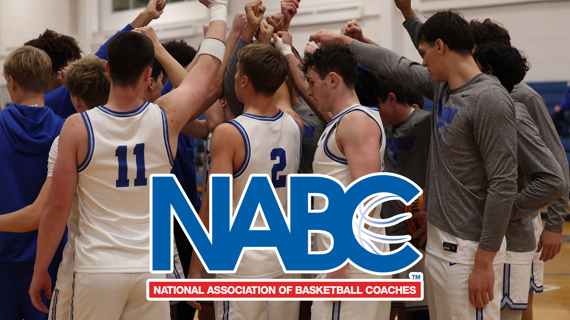 The CWRU men's basketball team in a huddle; NABC logo
