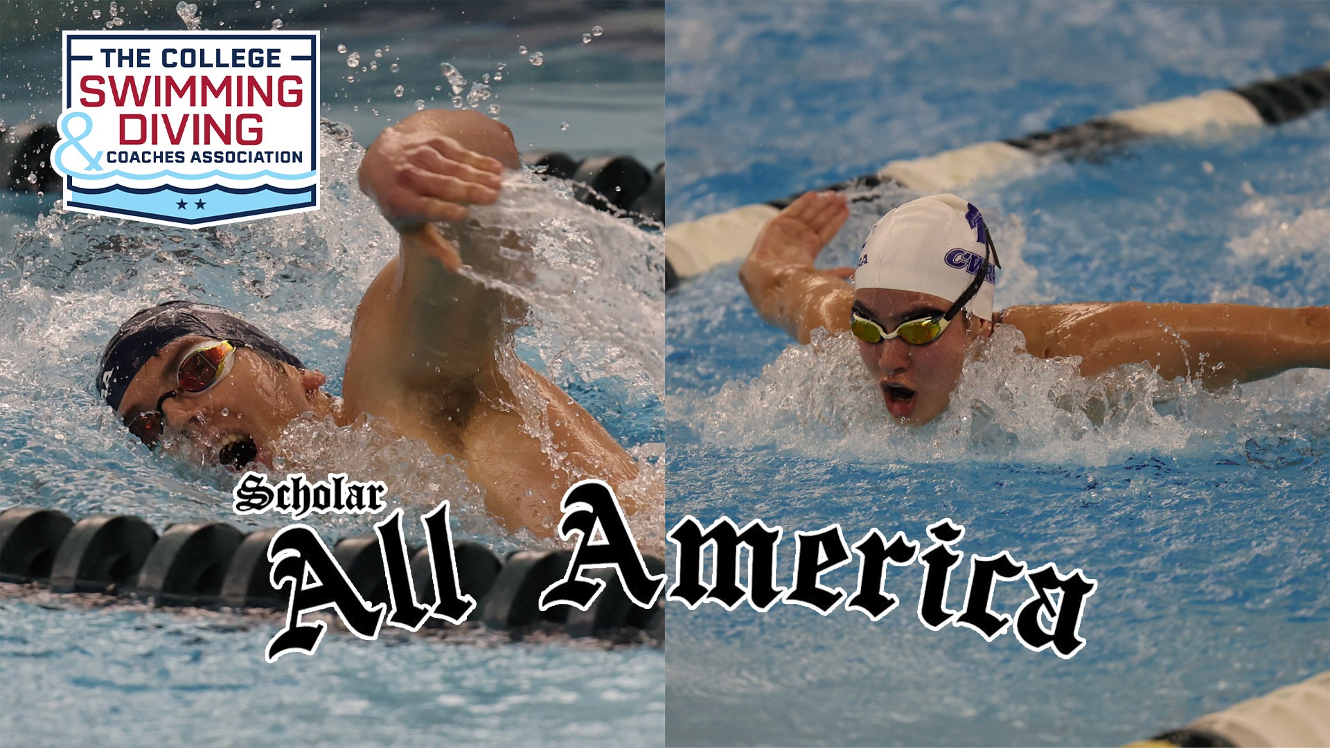 Mason Bencurik (left) Sheila Monera Cabarique (right) CSCAA logo (top left) Scholar All-America logo across the bottom