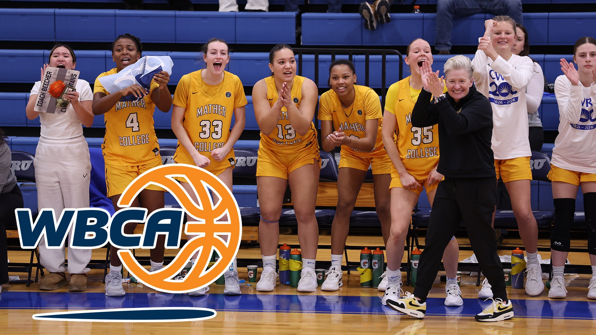 The CWRU women's basketball team bench cheering; WBCA logo