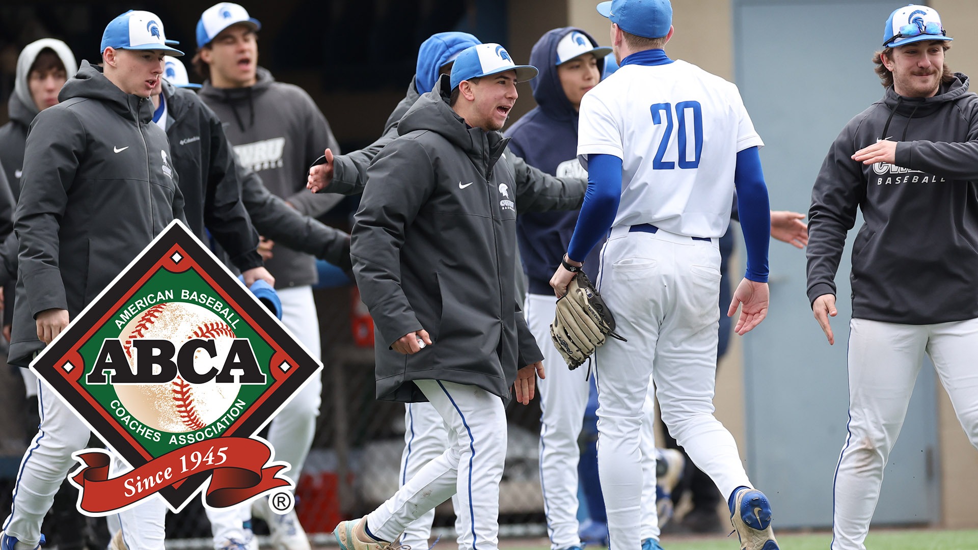 CWRU baseball celebrating after an inning; The ABCA logo in the bottom left