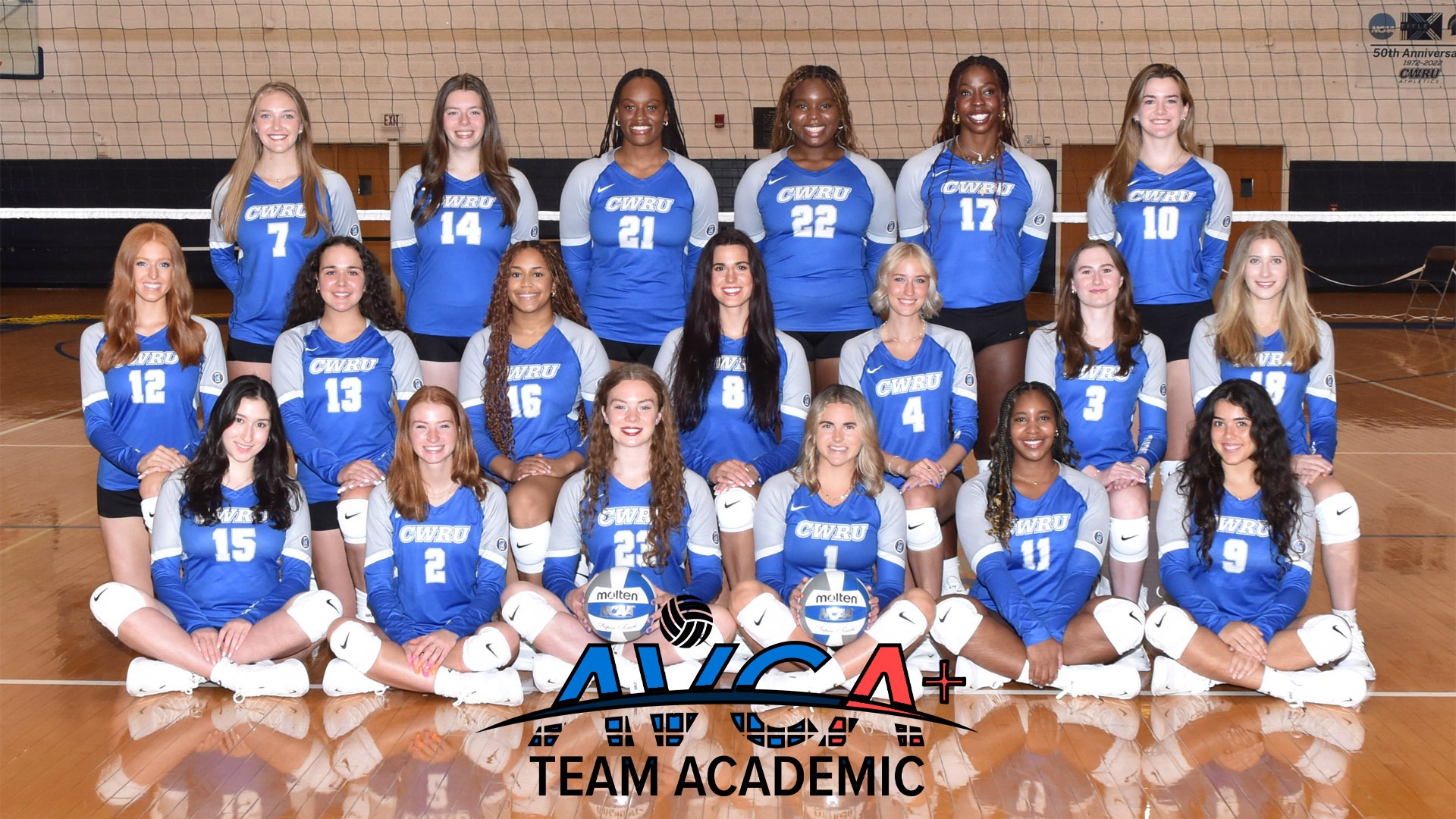 2025 CWRU Volleyball team with the AVCA Team Academic logo bottom center 