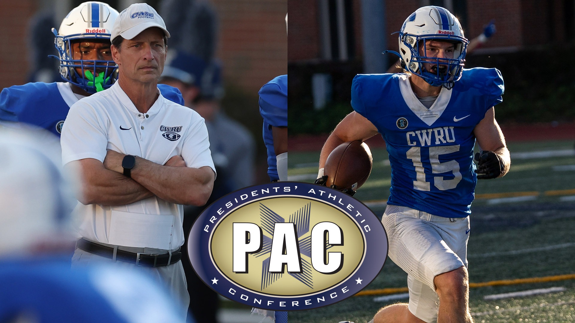 CWRU Head Coach Greg Debeljak (left) and junior Jake Kavcic (right) with a PAC logo (center)