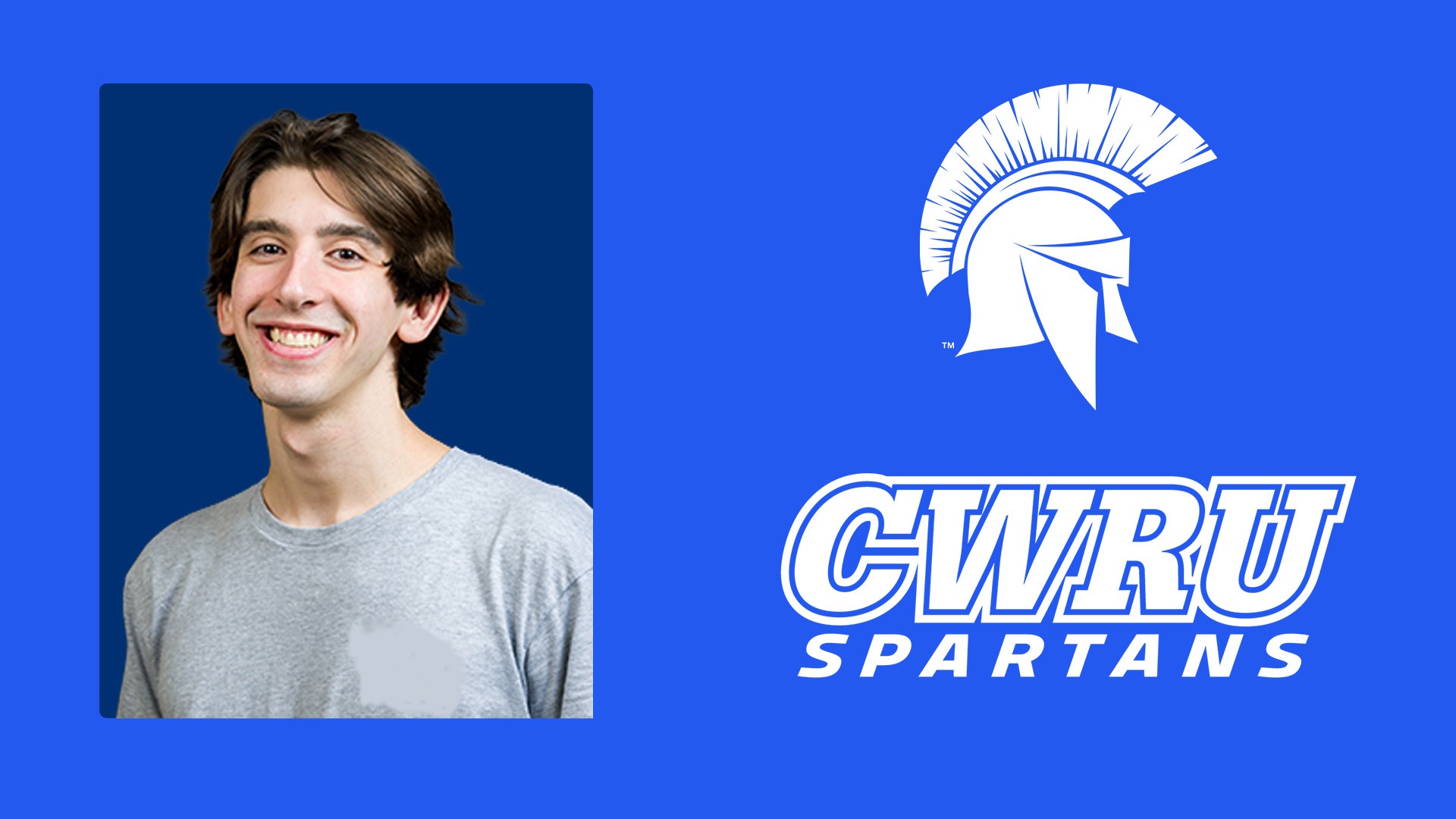 A headshot of Max Rowland with the Spartan head and CWRU Swimming logos on a blue background