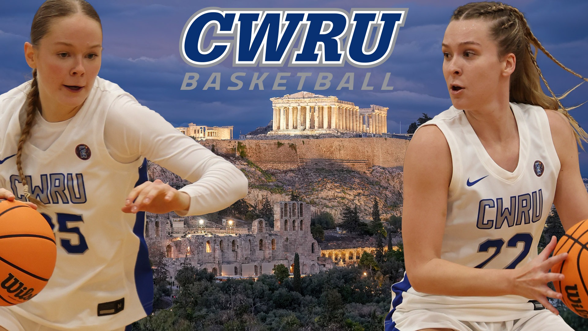 Action photos of Biz Watson (left) and Jordyn Call (right) superimposed on the Acropolis; CWRU basketball logo