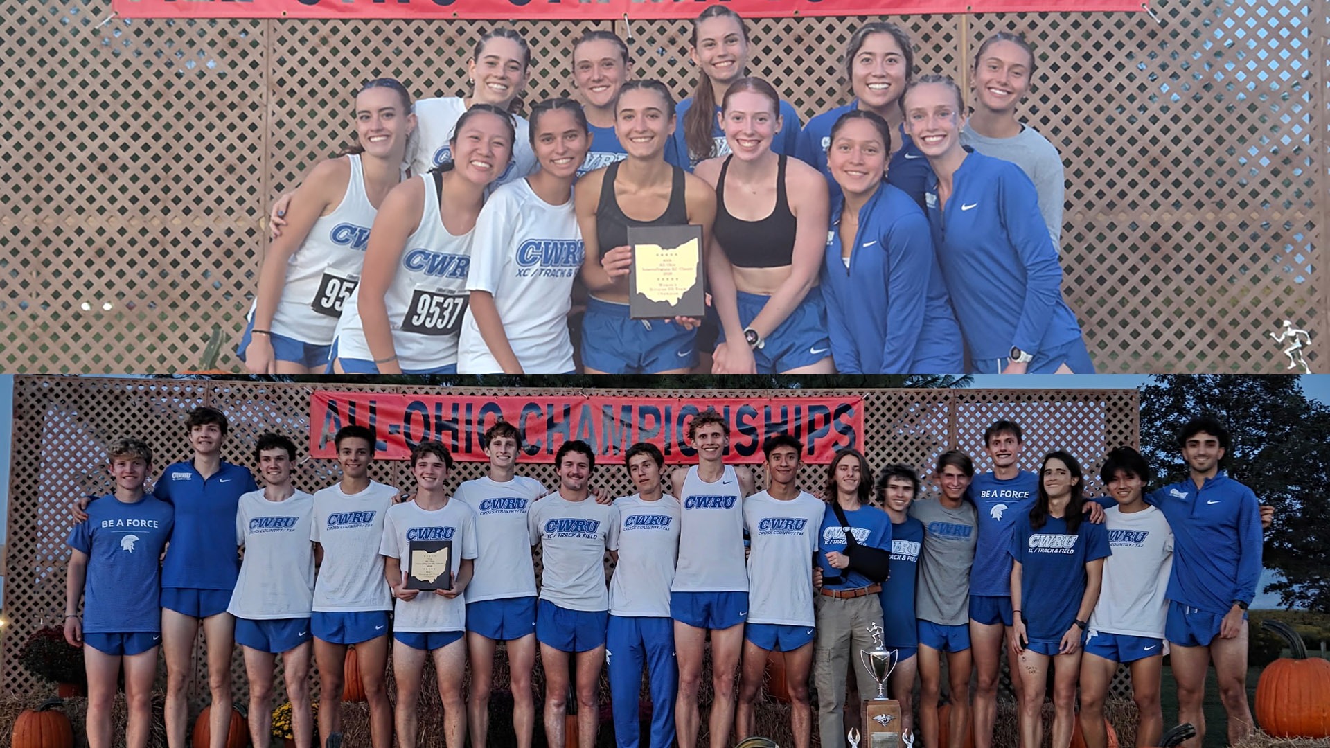 The CWRU women (top) and men (bottom) holding the All-Ohio trophies
