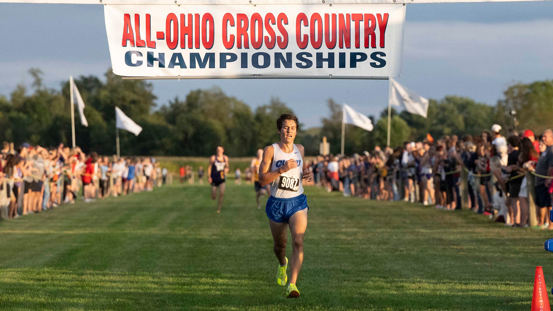 Jacob Slater crossing the finish line at the 2026 All-Ohio Championship