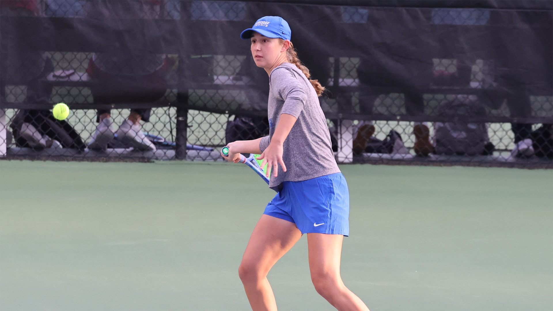 Katie Ruci about to return a forehanded shot at the ITA Regional in Kalamazoo