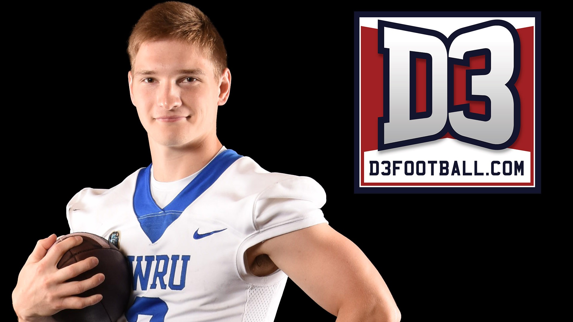 A posed photo of Jake Kavcic on a black background with a D3football.com logo