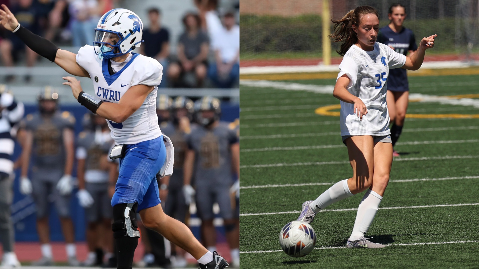Aaron Filips (left) throwing a pass, Izzy Probst (right) pointing to find a soccer