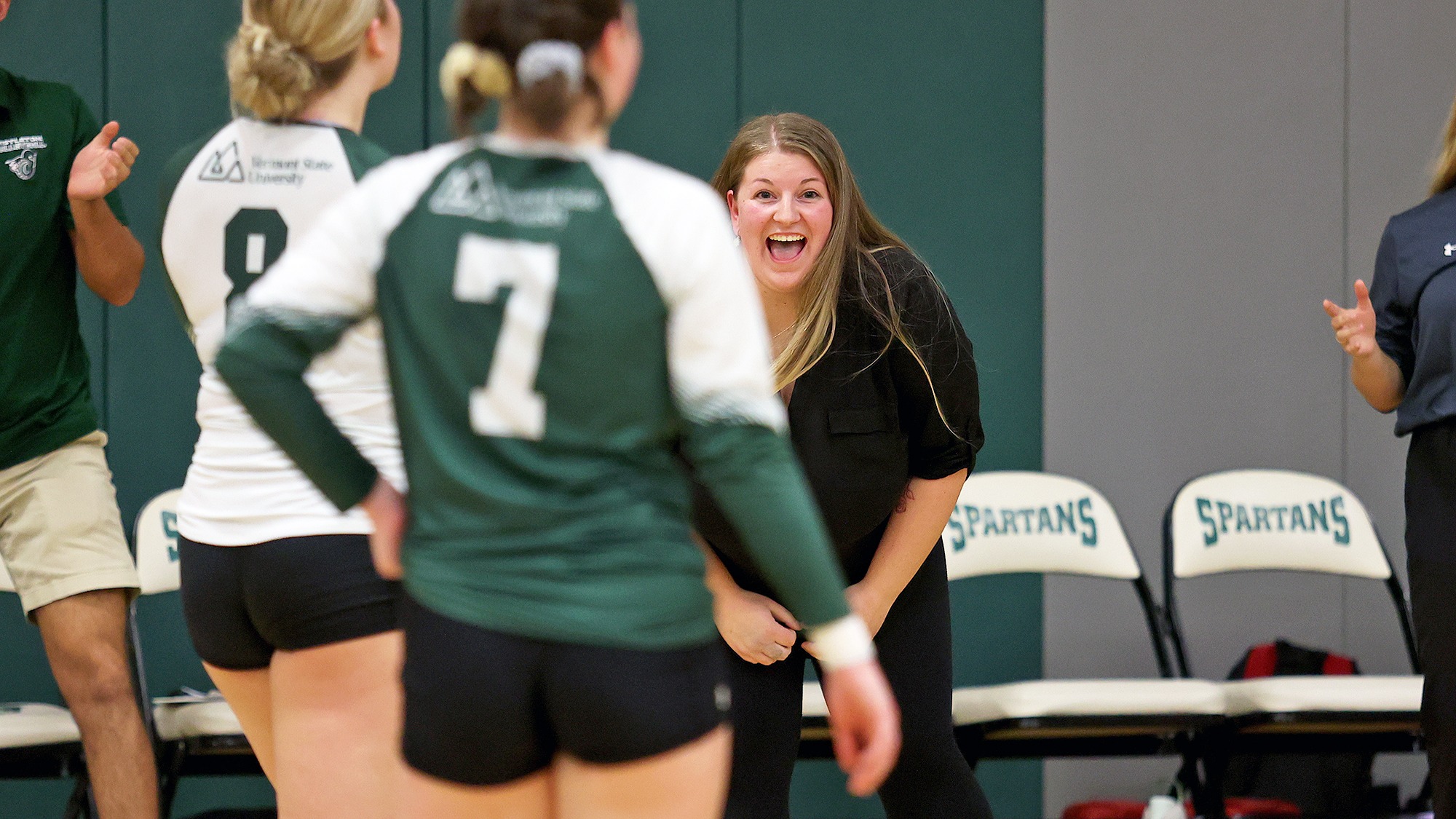Jessica Trudeau celebrates a point against Keene State