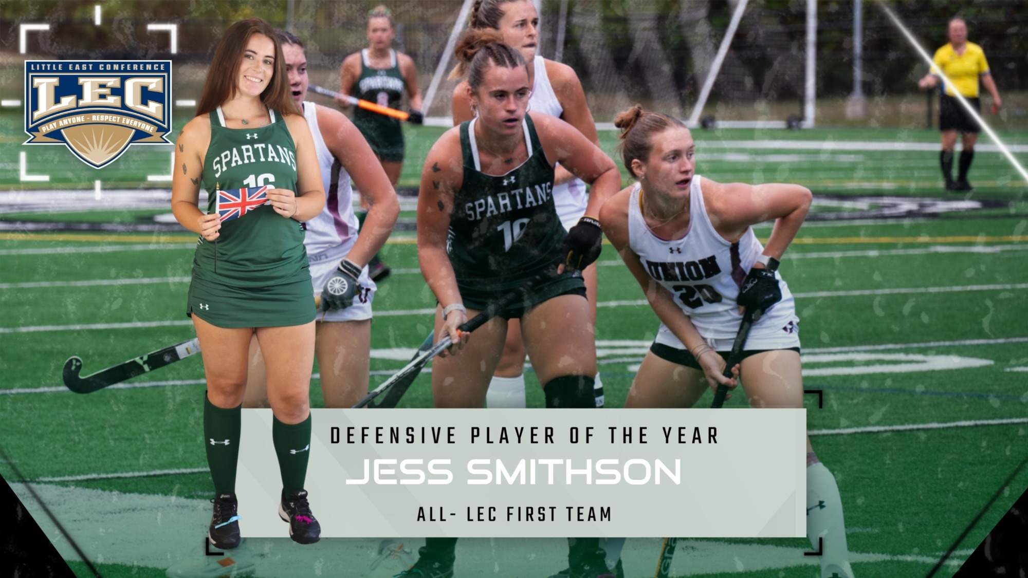 Smithson named 2025 LEC Defensive Player of the Year. (Standing with small UK Flag)