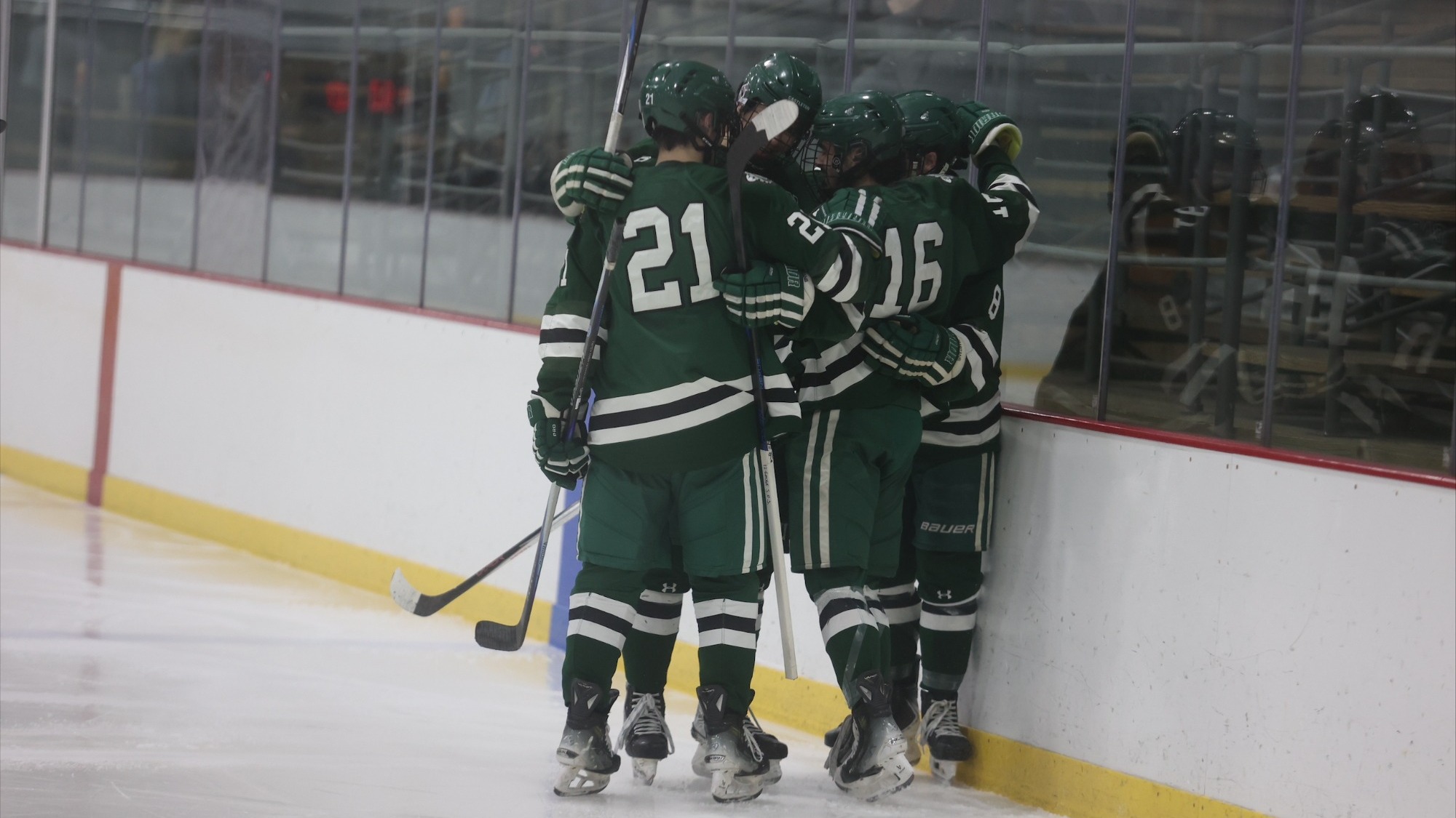 Spartans; first line celebrates its first goal against Skidmore College