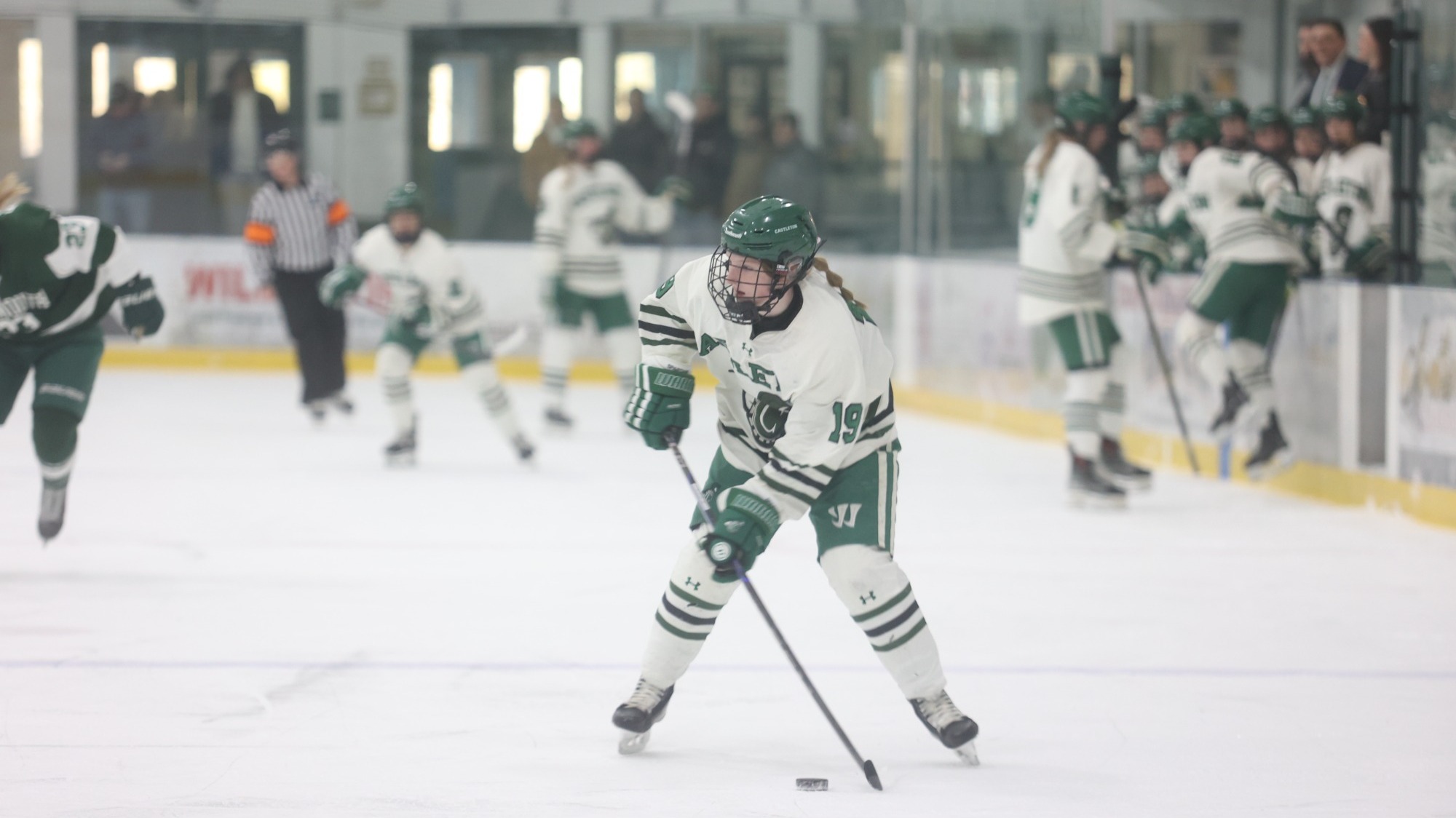 Taylor Adams skates into the offensive zone with the puck.