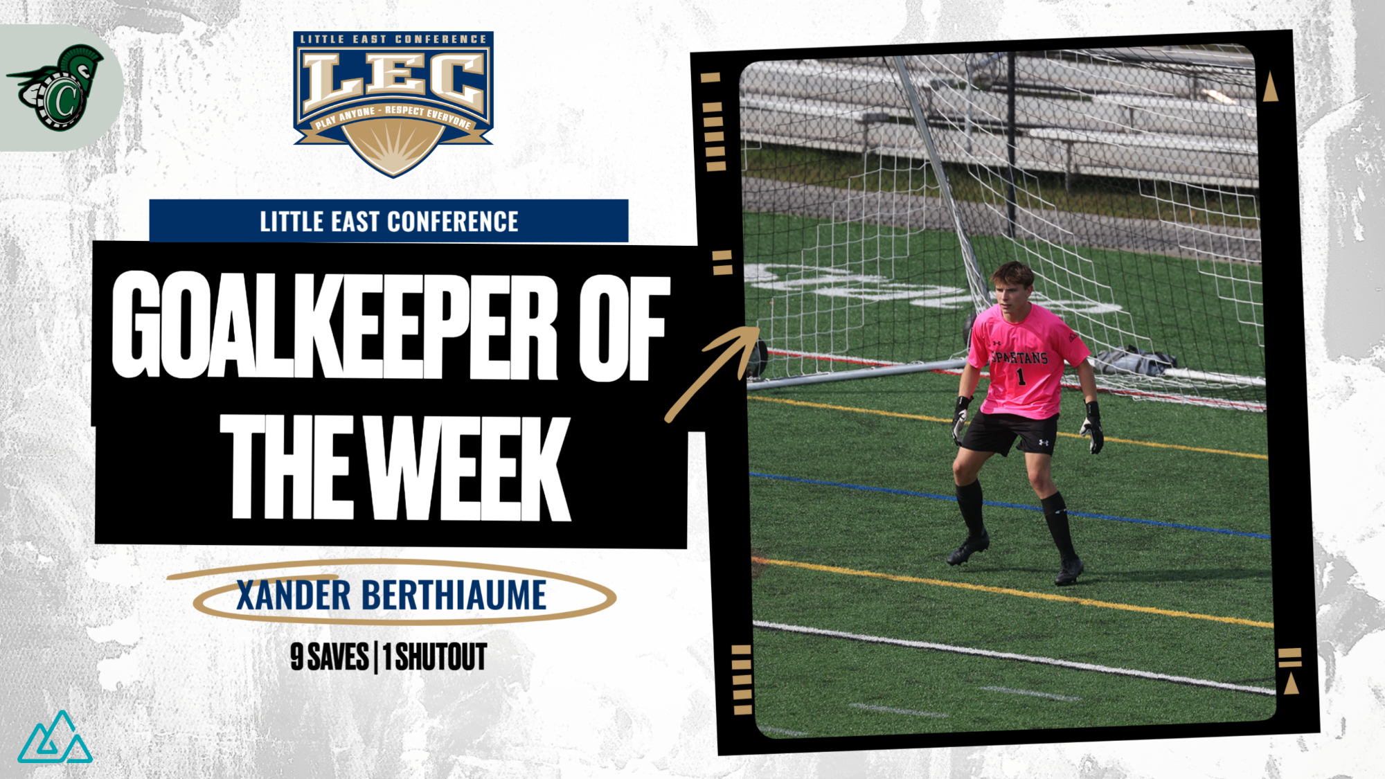 Xander Berthiaume Goalkeeper of the Week Graphic with 9 saves and 1 shutout