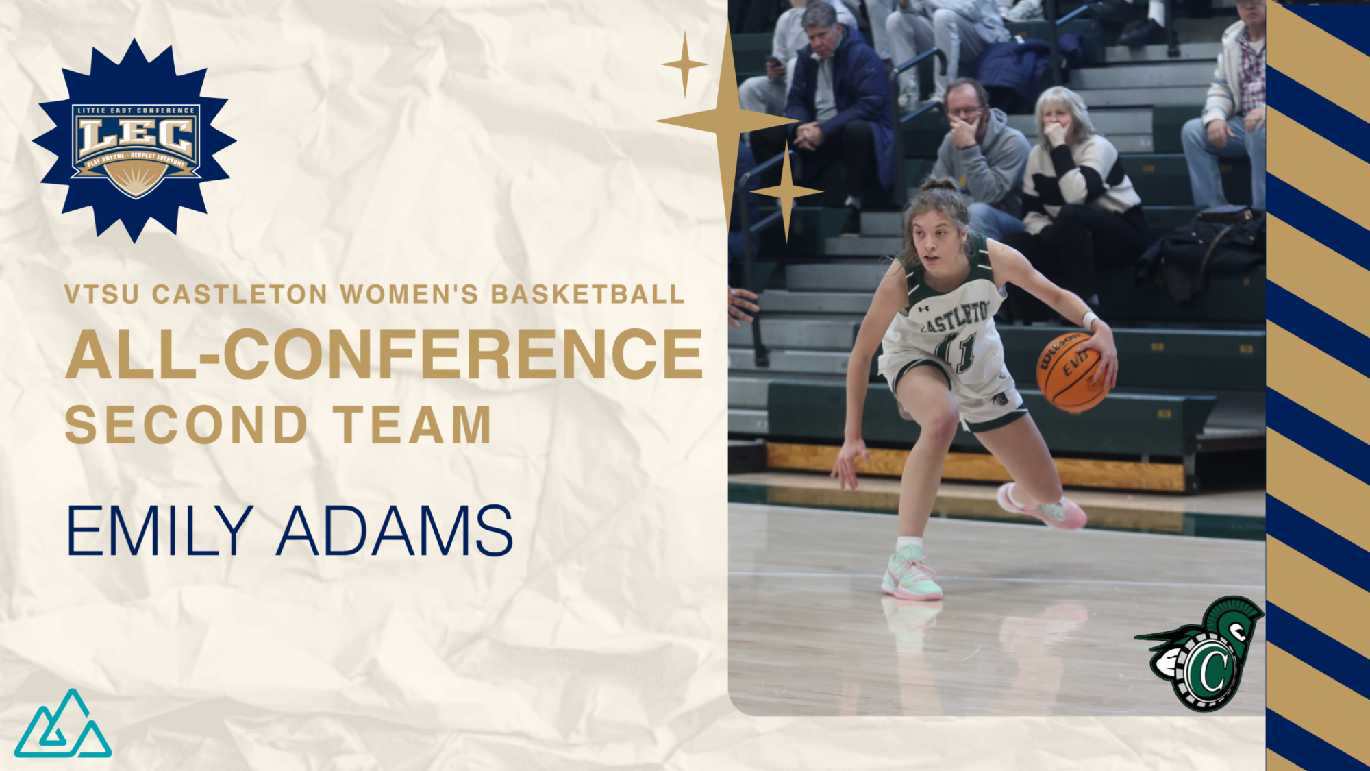 Emily Adams All-LEC graphic with an action photo of her on the right