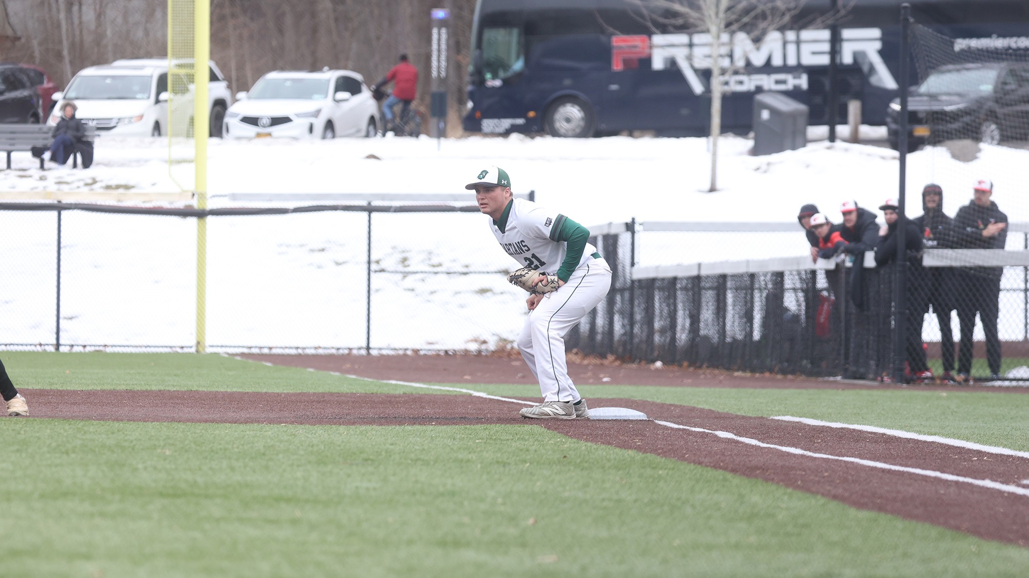 Carter Dickinson waiting for the ball at first base