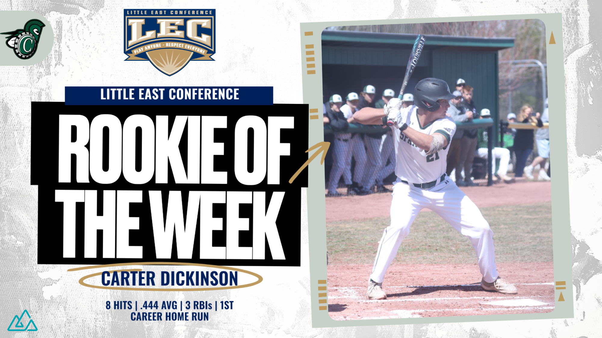 Carter Dickinson ROTW graphic with a photo of him in the batters box - 8 hits, .444 avg, 3 RBIs, 1st career home run