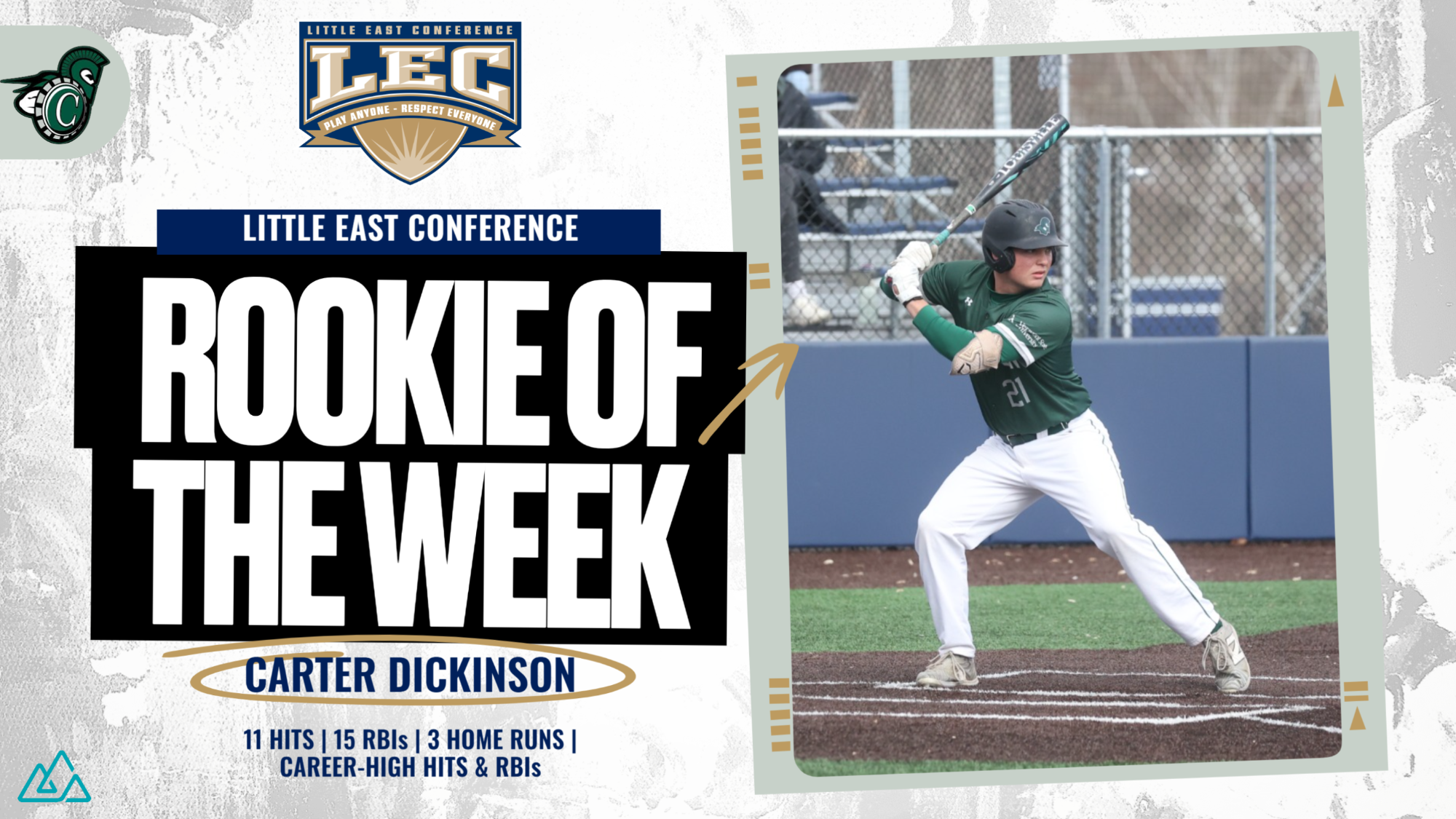 Carter Dickinson ROTW graphic - 11 hits, 15 RBIs, 3 home runs, career-high hits and RBIs