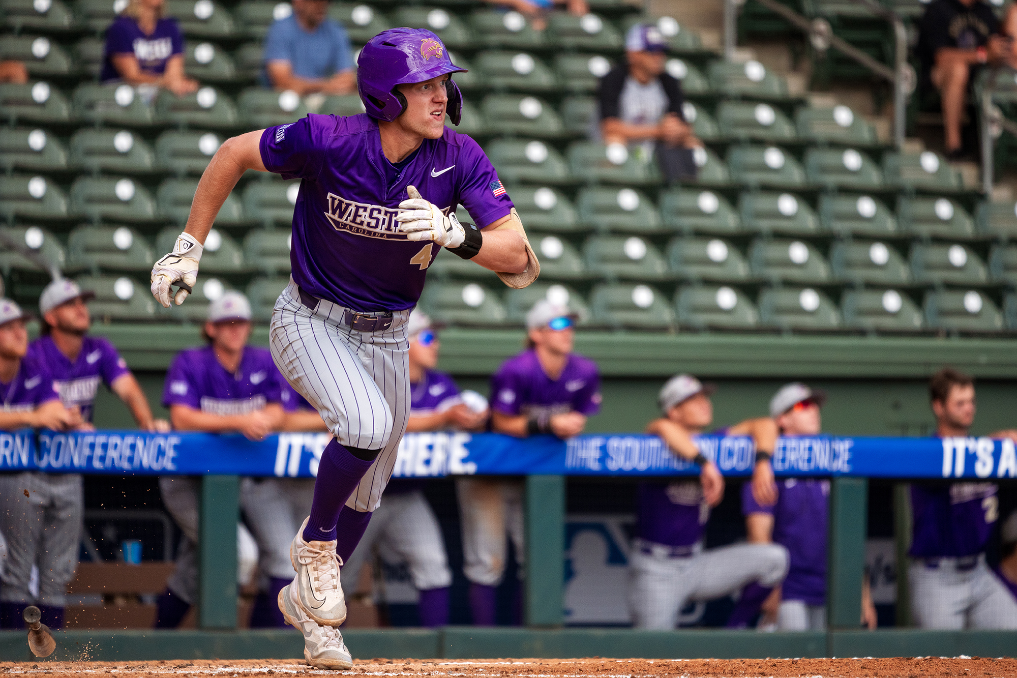 Mason Holton (4) at the plate against top-seeded ETSU at the 2025 SoCon Baseball Championship.