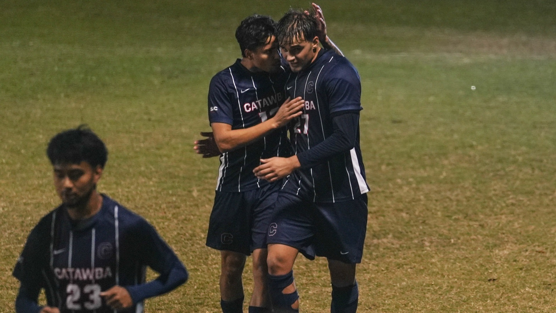 Luis Rodrigues and Giovanni Benericetti embracing after a Catawba goal
