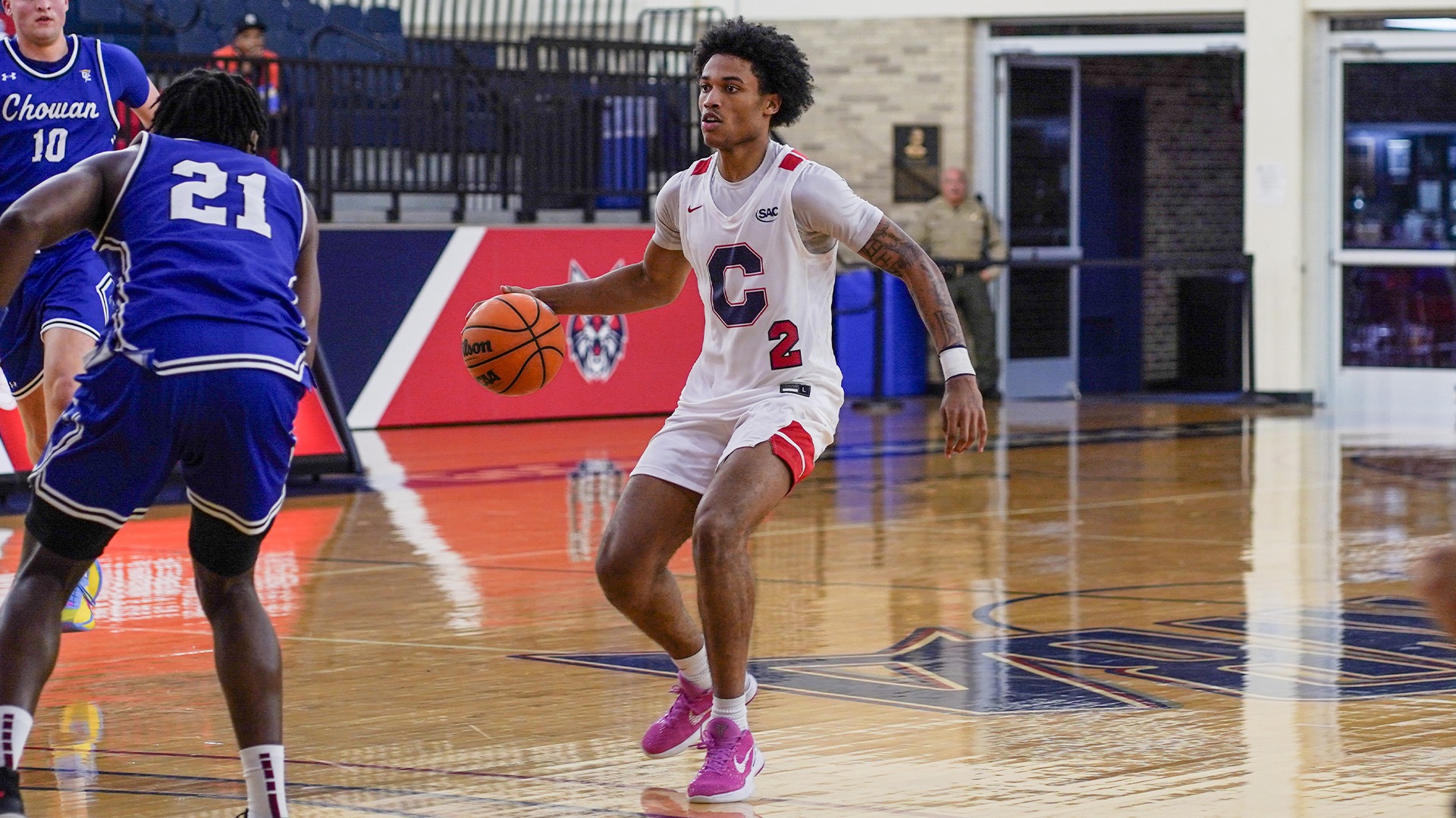 Jordan Simpson dribbling against Chowan
