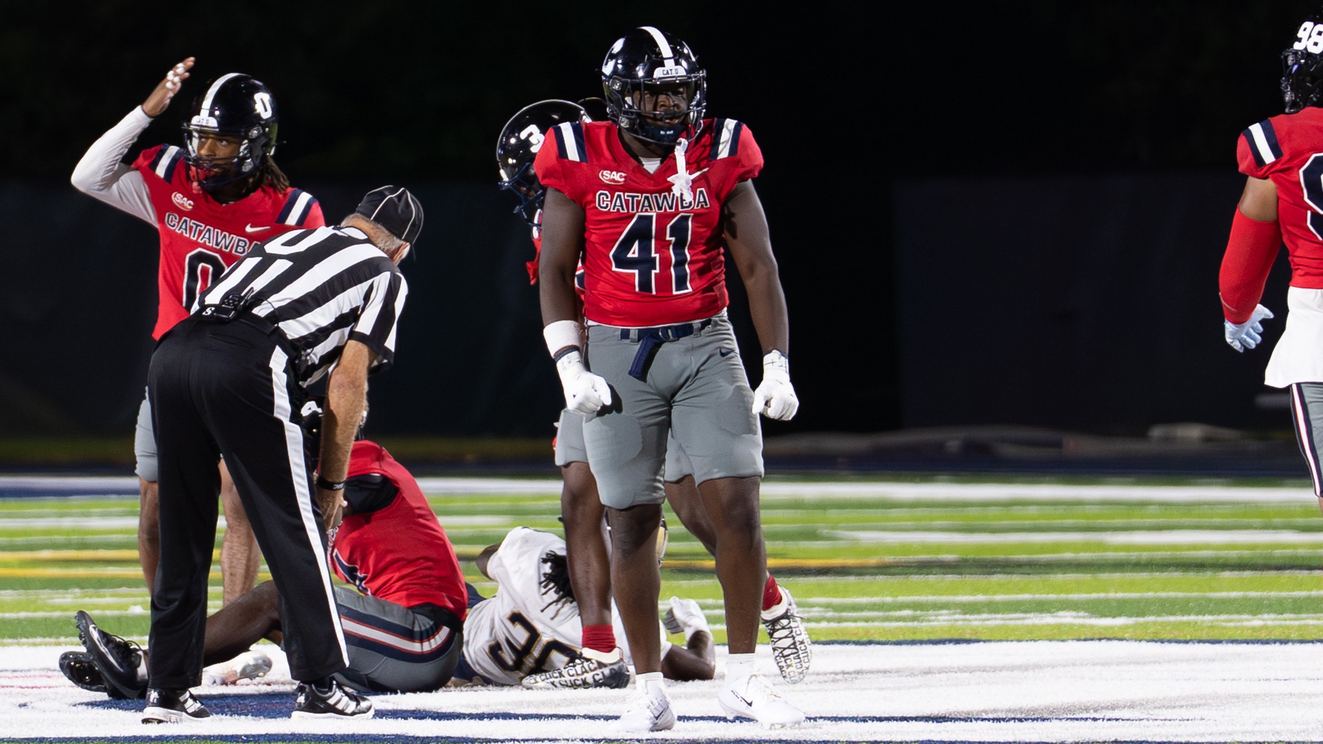 Jaylen Hinton celebrating a big tackle