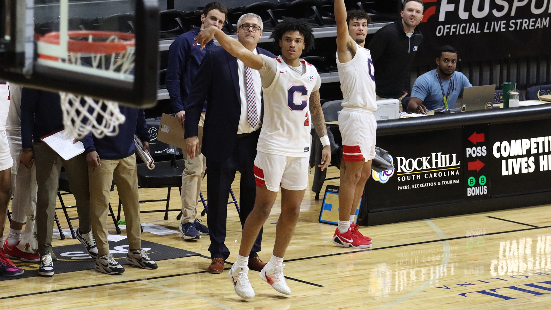 Jordan Simpson watches a three-pointer fall against UVA Wise