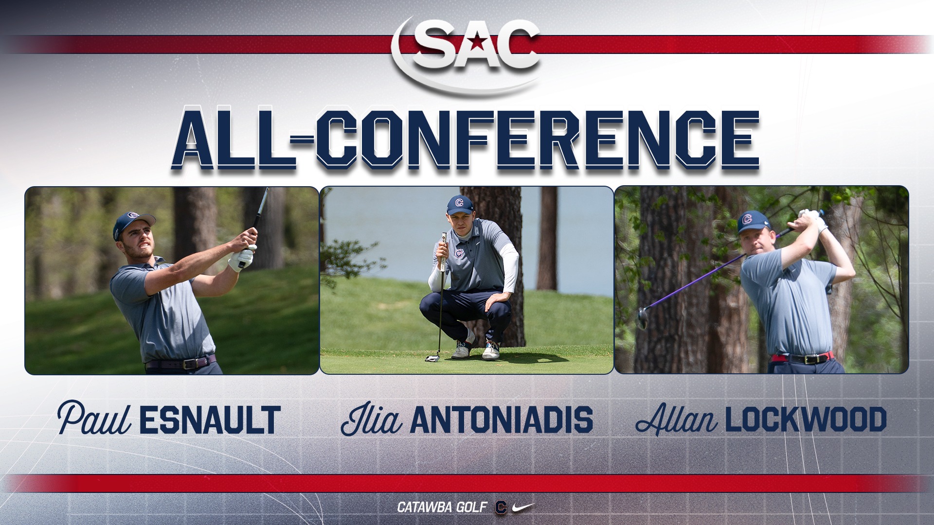 Men's Golf All-Conference 2026 (Paul Esnault, Ilia Antoniadis, Allan Lockwood)