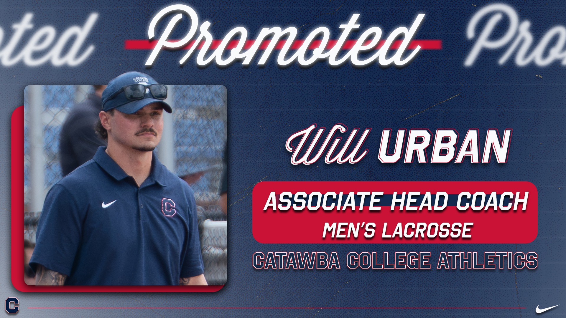 Graphic noting the promotion of Will Urban to Associate Head Coach of Catawba Men's Lacrosse