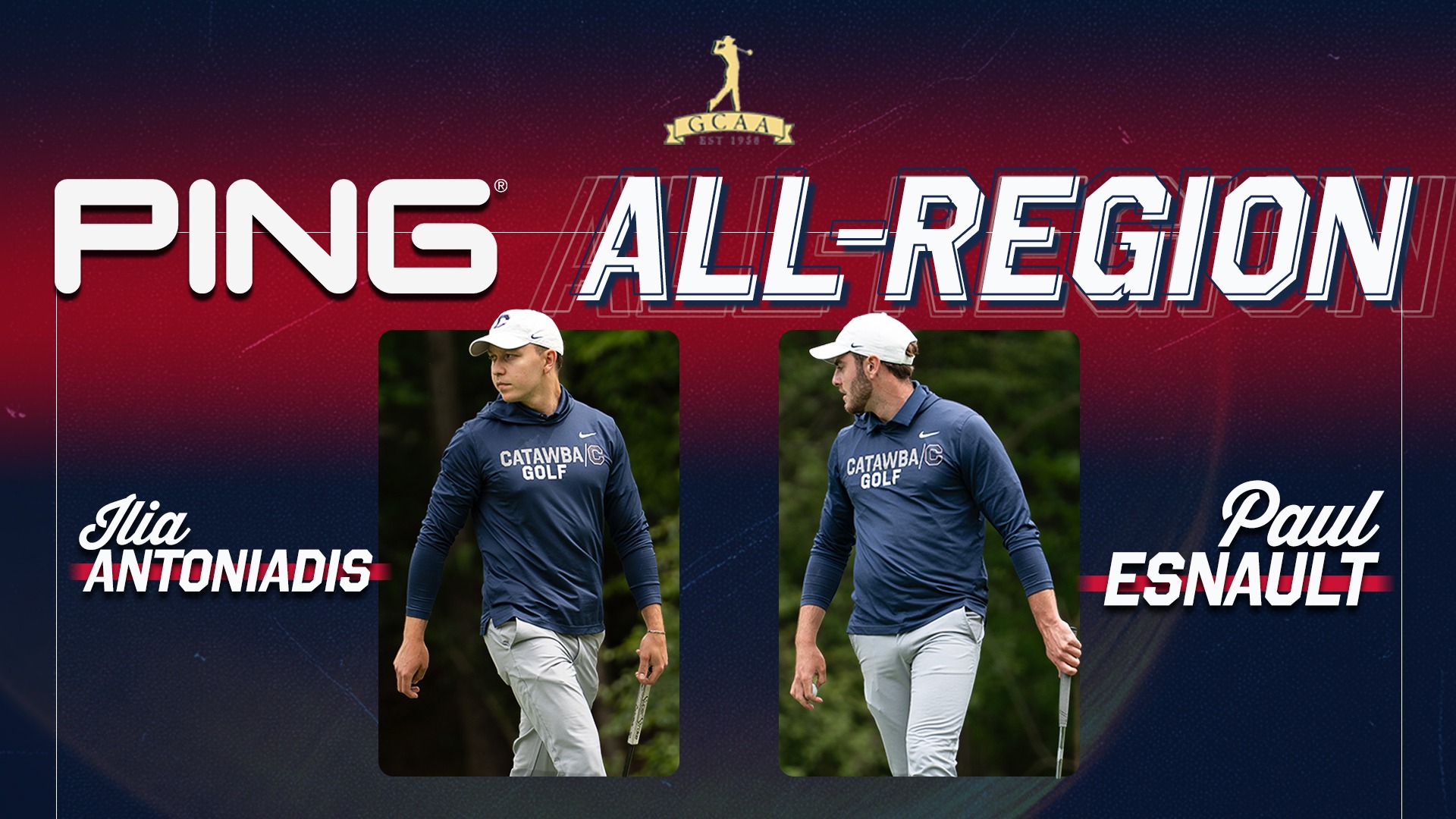 Graphic honoring Ilia Antoniadis and Paul Esnault as PING All-Region honorees