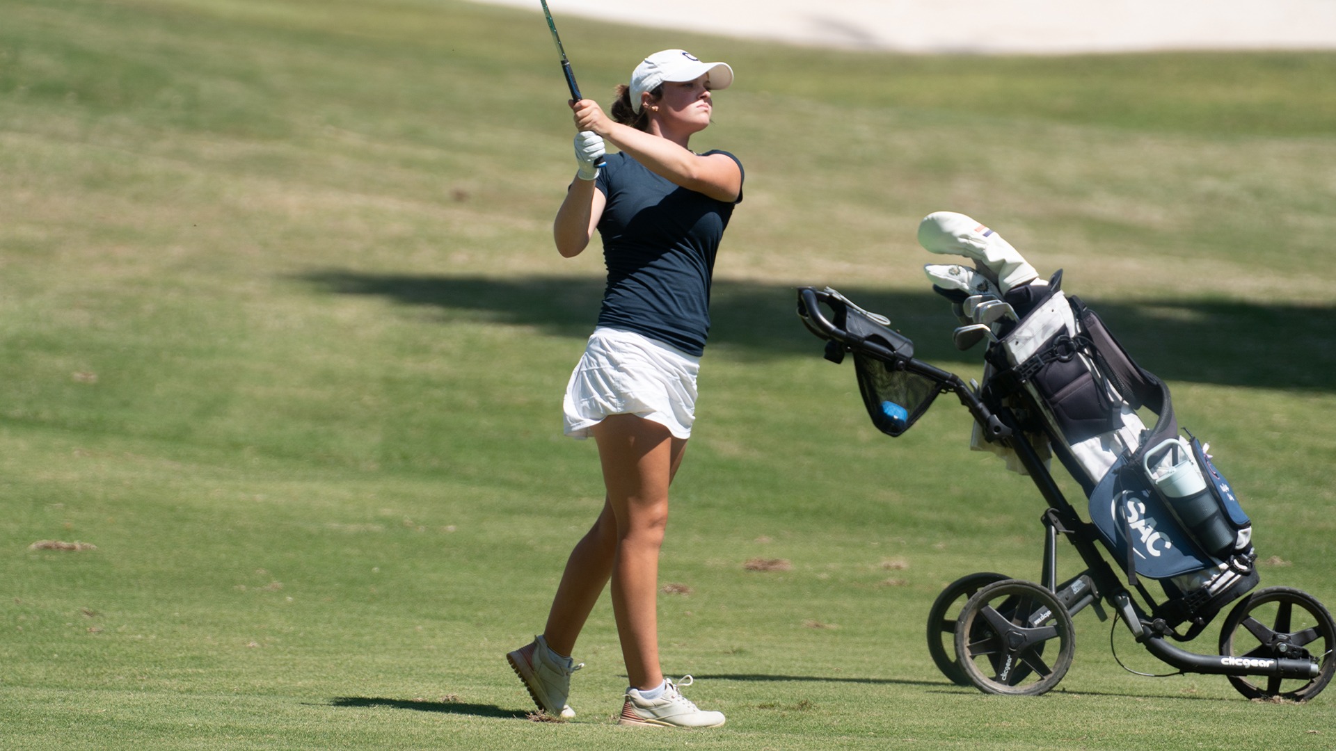 Mary-Paige King hitting from the fairway at the SAC Championship