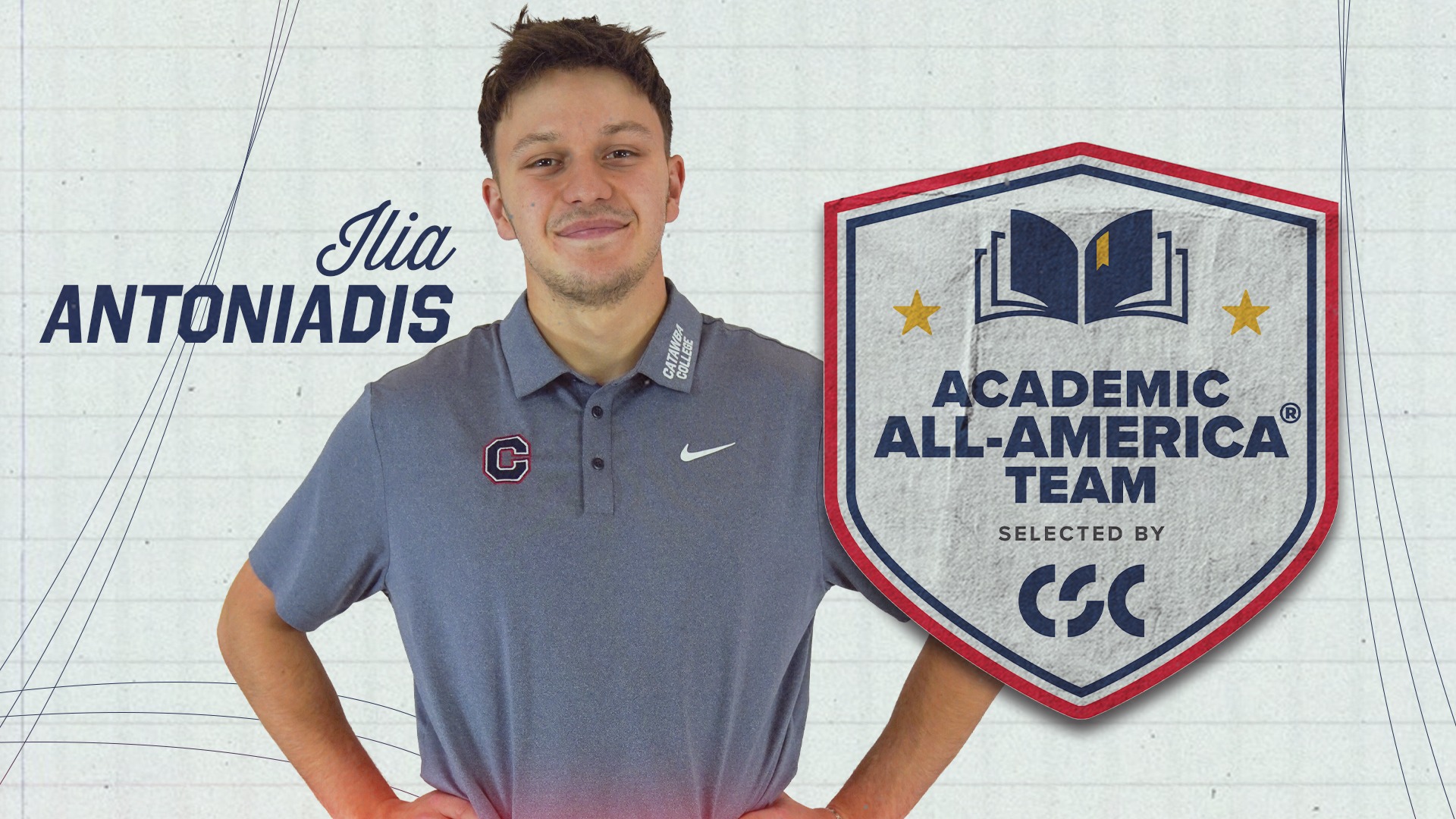 Graphic honoring Ilia Antoniadis as an Academic All-American including a posed photo of Antoniadis