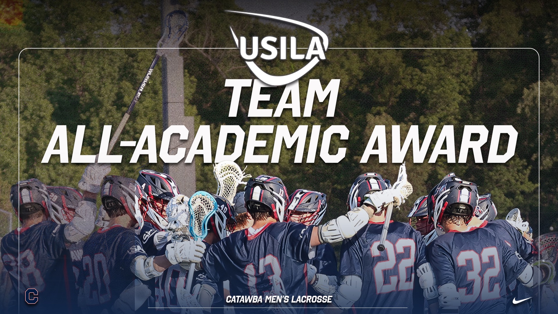 Graphic noting Catawba as a recipient of the 2026 USILA Team Academic Award with photo of the team embracing
