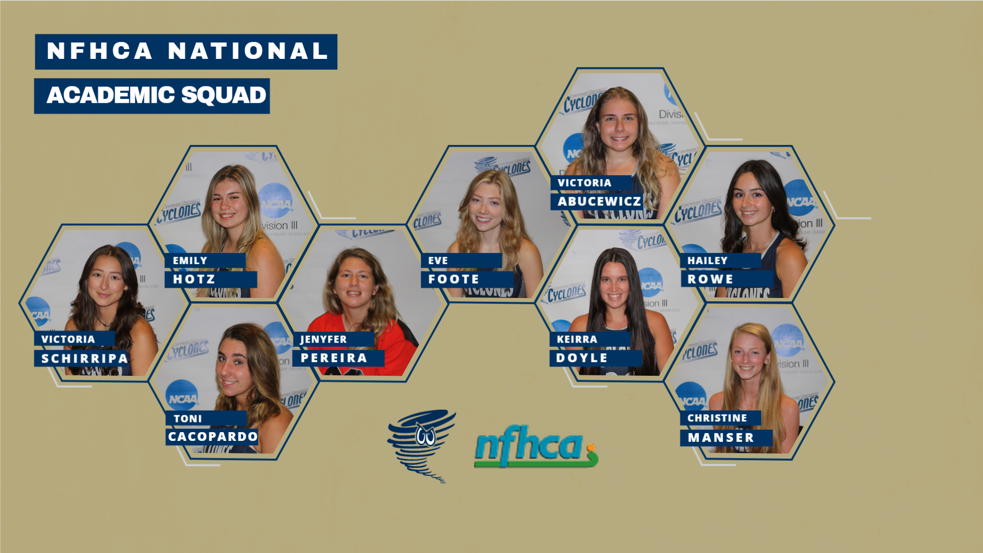 2021 NFHCA National Academic Squad (headshots of the nine players honored and their names with a Cyclone logo and the NFHCA logo)