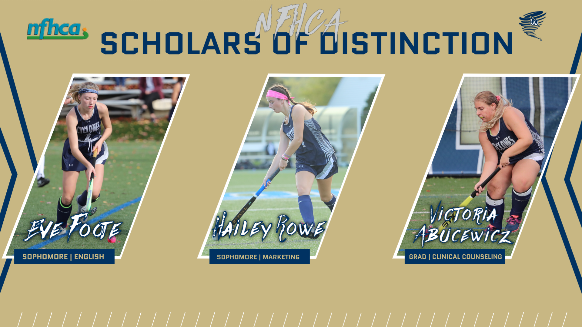 NFHCA Scholars of Distinction (action shots of Foote, Rowe and Abucewicz hitting the ball and text with their names and saying NFHCA Scholars of Distinction)