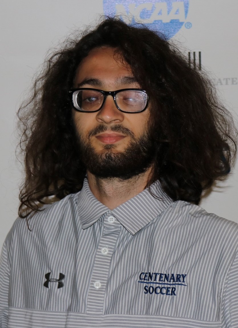David Cortesao (head and shoulders mug shot in a white striped polo shirt that says Centenary soccer)