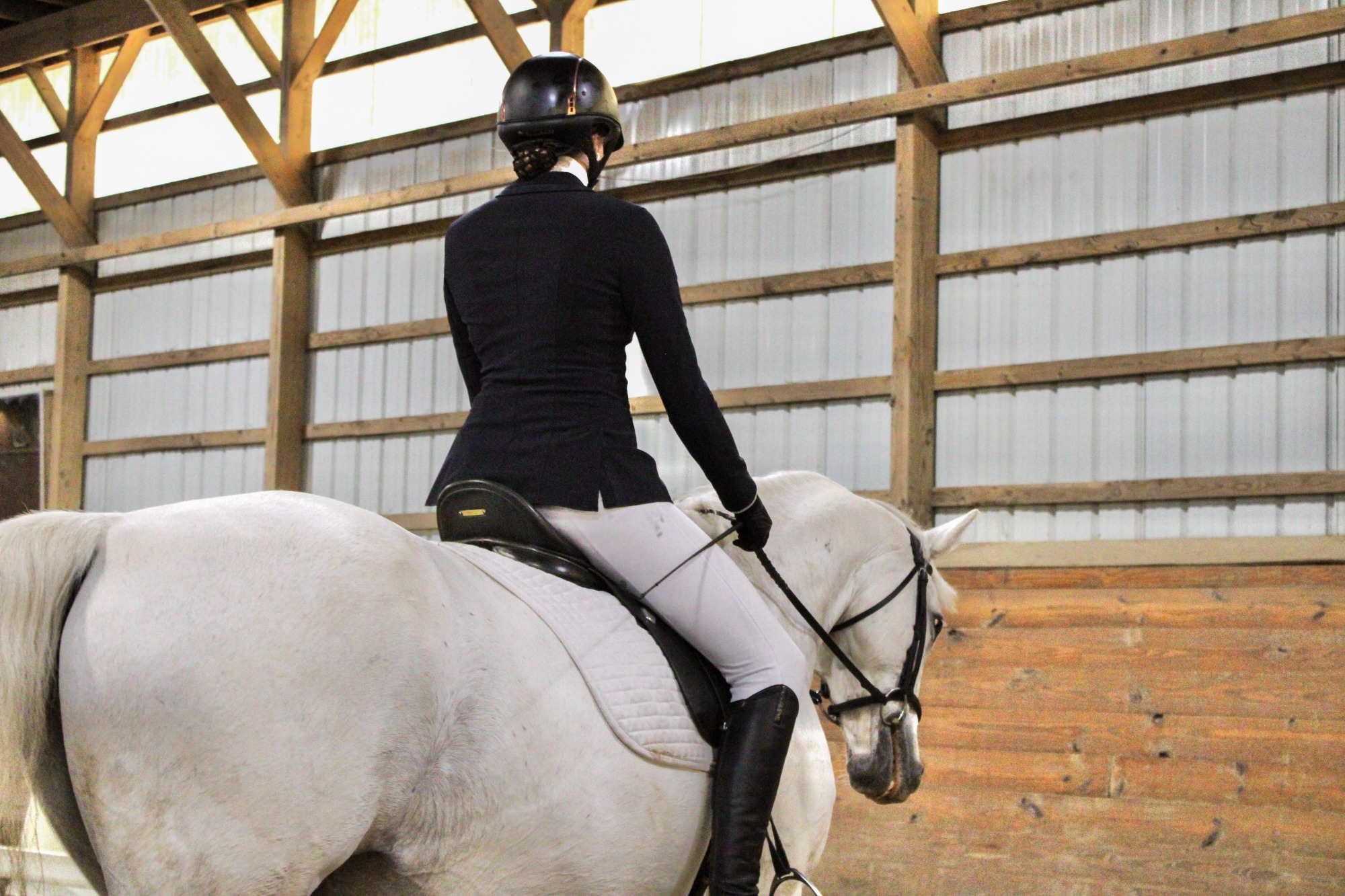 A female rider is shown in a grey horse, in a black jacket. She is captures rounding a corner, from behind. 