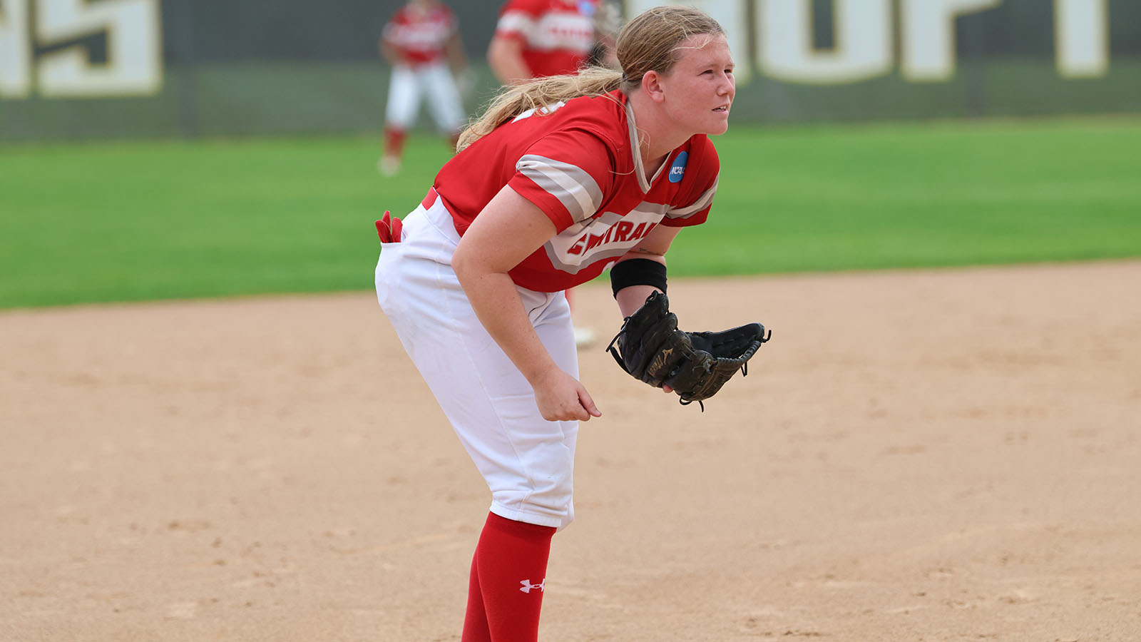 Hannah Higgins in ready position at third base