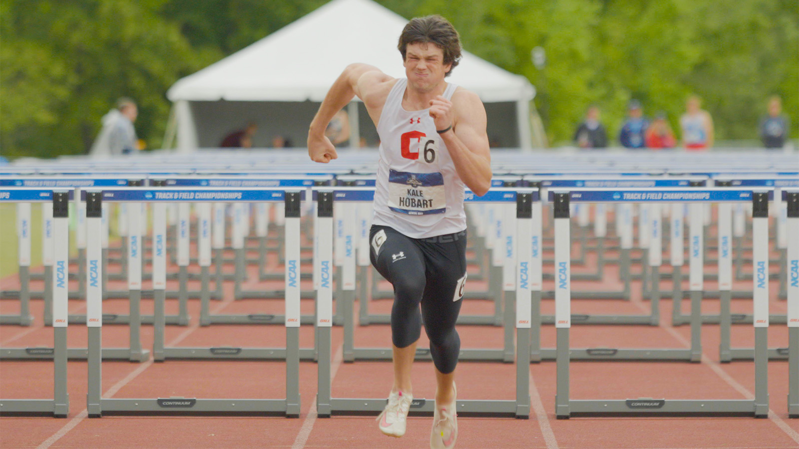 Kale Hobart finishes 110 hurdles in decathlon